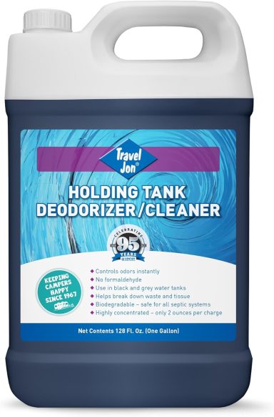Blue bottle of holding tank deodorizer/cleaner with a handle and label details.